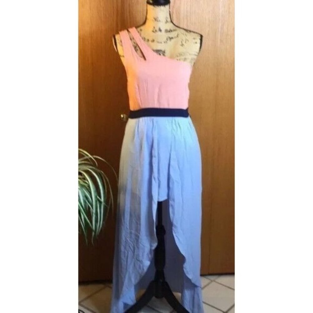 NWT Minty One Shoulder Maxi Dress Pink & Blue Asymmetrical Front Slit Medium